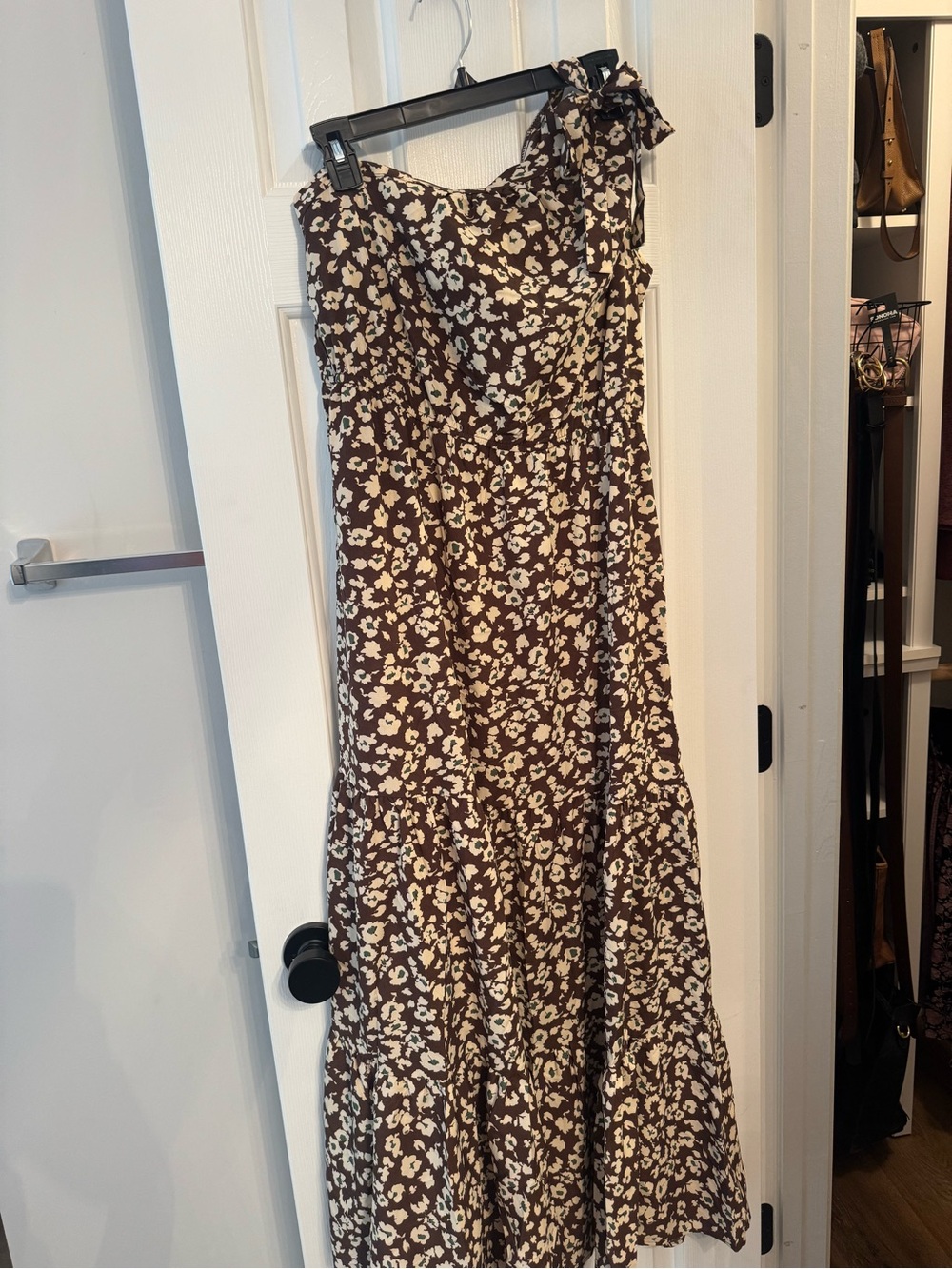 Women's Brown Floral One-Shoulder Maxi Dress with Tie Strap